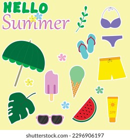 Set süßer Sommersymbole: Wassermelone, Regenschirm, Hausschuhe, Blumen, Badeanzug, SPF, Brille.  Helles Sommerposter. Kollektion von Scrapbooking Elementen für Beachparty. Sommeraufkleber.