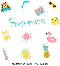 Set of cute summer icons:Glasses, beach bag, dolphin, suitcase, flip flops, rubber ring, fruit, pineapple, sun, cocktail, thermometer, swimsuit. Bright summer poster. Beach party scrapbooking element