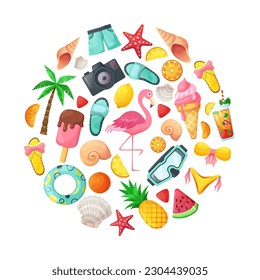 Set of cute summer illustrations: food, drinks, shells, fruits and flamingo. Summertime. Collection of scrapbooking elements for beach party.