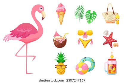 Set of cute summer illustrations: food, drinks, shells, fruits, beach accessories and flamingo. Summertime. Collection of scrapbooking elements for beach party.