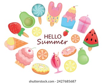 Set of cute summer illustrations, food stickers for summer party: fruit, strawberry, cocktail, ice cream, cake, avocado, watermelon, vector illustration, eps 10