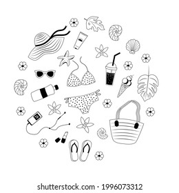 A set of cute summer items in  doodle style, inscribed in the shape of a circle. Swimsuit, flip-flops, cocktail. ice cream. Flat vector illustration