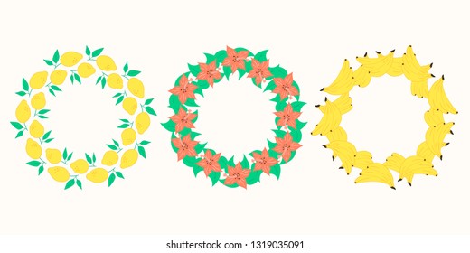 Set of cute summer lemon, banana and flourish frames with juicy fruits and flowers. Party border. Vector elements.
