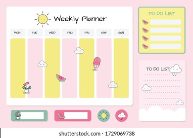 Set of cute summer note papers ,sticker and sticky tape. Summer collection of weekly planner and notepad. Blank post for message, to do list, memory template ,text box ,banner frame background vector.