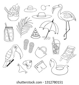 Set of cute summer outline objects. Cocktail, tropical palm leaf and flamingo. Beach party vector elements.