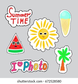 Set of cute summer patches. Colorful hand drawn stickers on gray background.