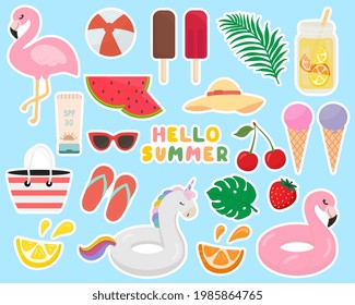 Set of cute summer stickers. Bright summer poster. Perfect for web, card, poster, cover, tag, invitation, sticker set. Vector illustration