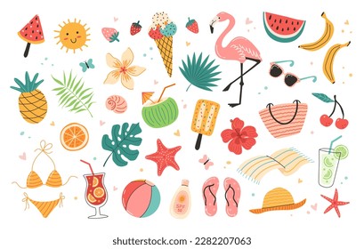 Set of cute summer stickers. Collection of scrapbooking elements, beach party: cocktail, bag, ice cream, tropical flower, bikini, flamingo, fruits, palm leaves. Tropical vacation. Summer icons. 