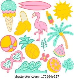 set of cute summer stickers. cute flamingo, cacti, palm leaves, food and drink stickers. design for summer cards, posters or party invitations