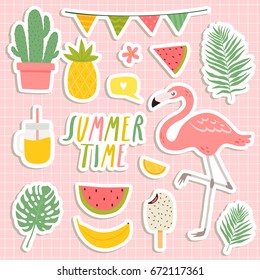 süße Sommeraufkleber. süße Flamingos, Kakteen, Palmblätter, Aufkleber für Speisen und Getränke. Design für Sommerkarten, Poster oder Einladungen