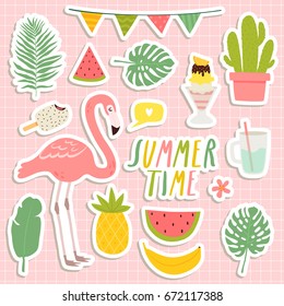 set of cute summer stickers. cute flamingo, cacti, palm leaves, food and drink stickers. design for summer cards, posters or party invitations