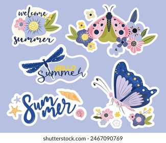 Set of cute summer stickers with flowers and leaves, butterfly, dragonfly, insect, shells. Hello summer lettering. Cartoon vector illustration.