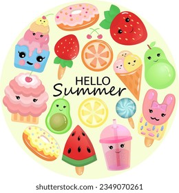 Set of cute summer stickers, summer food party illustration, vector illustration, eps 10