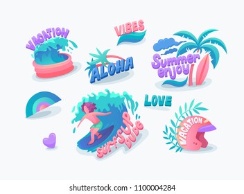 Set of cute summer stickers pack. Vacation vector summer emblems. Holiday icon set