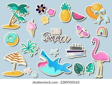 Set of cute summer stickers palm tree, beach umbrella, tropical flowers, flamingo. Perfect for summertime poster, card, scrapbooking, invitation.