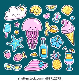 Set of cute summer stickers, patches, badges, pins. Jellyfish, pineapple, cocktail, sea shell, tropical flowers, sun, happy cloud, fish, ice cream, banana, sunglasses.  Vector isolated illustration.