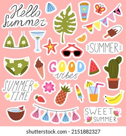 Set of cute summer stickers. Cute pineapple, ice cream, monstera, food and drink stickers. Summer lettering stickers.