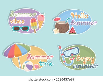 Set of cute summer stickers with text and vacation elements.  Colorful beach objects and phrases about summer 