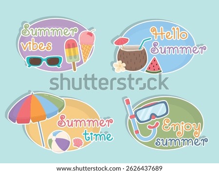 Set of cute summer stickers with text and vacation elements.  Colorful beach objects and phrases about summer 