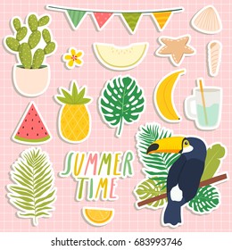 set of cute summer stickers. cute toucan, cacti, palm leaves, food and drink stickers. design for summer cards, posters or party invitations