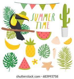 set of cute summer stickers. cute toucan, cacti, palm leaves, food and drink stickers. design for summer cards, posters or party invitations