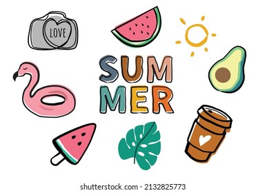 Set of cute summer For stickers, t-shirts, mugs, etc. Eps 10