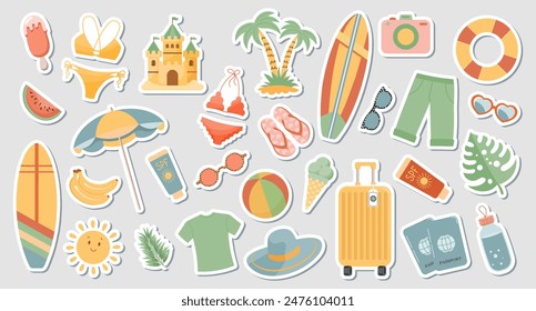 Set of cute summer stickers for your daily planner. Collection of scrapbooking elements for beach party, parasol, surfboard, ice cream, bikini, beach hat. Summer collection