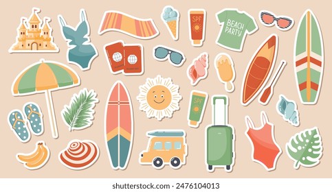 Set of cute summer stickers for your daily planner. Collection of scrapbooking elements for beach party, parasol, surfboard, ice cream, bikini, beach hat. Summer collection