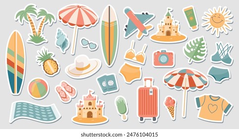 Set of cute summer stickers for your daily planner. Collection of scrapbooking elements for beach party, parasol, surfboard, ice cream, bikini, beach hat. Summer collection