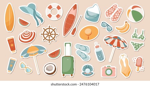 Set of cute summer stickers for your daily planner. Collection of scrapbooking elements for beach party, parasol, surfboard, ice cream, bikini, beach hat. Summer collection