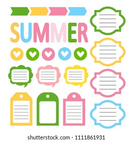 Set of cute summer style daily planner, note cards, stickers. School, baby scrapbook, to do list, diary cards, planner printable template. Vector illustration. Flat style. Good for Kids.     