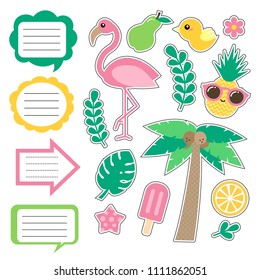 Set of cute summer style daily planner, note cards, stickers. School, baby scrapbook, to do list, diary cards, planner printable template. Vector illustration. Flat style. Good for Kids.     