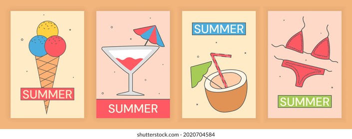 Set of cute summer time essential elements on pastel background. Colorful templates on the theme of summer, vacation, weekend, beach. Template for creative use. Flat cartoon vector illustration