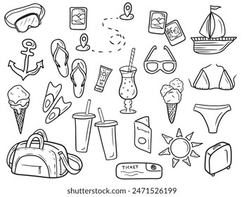 Conjunto de lindo equipo de vacaciones de viaje de verano: barco, helado, refrescos, billetes para el avión de tren, bolso con la ropa, pasaporte, traje de baño, Fotos, navegación, cócteles ilustración de boceto de Vector.