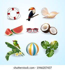 A set of cute summer tropical icons: watermelon, toucan, palm leaves, fruit, lifebuoy, coconut, shell, bird, glasses, ball. Bright summer poster. 3d realistic Vector .