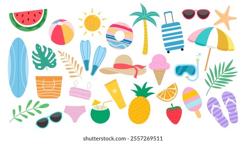 Set of cute summer vector illustrations: watermelon, resort, strawberry, swimsuit, sunglasses, sun, starfish, steering wheel, pineapple, rainbow, lounger, umbrella, inflatable ring.