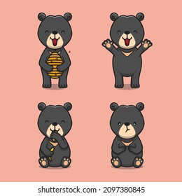 Set süßer Sonnenbär Cartoon Vektorsymbol Illustrationen. Tierisches Maskottcharakter-Konzept, einzelne Vektorgrafik. Flacher Cartoon-Stil