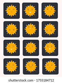 Set of cute sun character, with different emotions. Flat vector illustration.