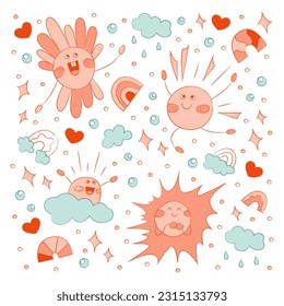 Un conjunto con bonitos personajes solares, así como nubes y arcos. Ilustración vectorial de color Doodle.