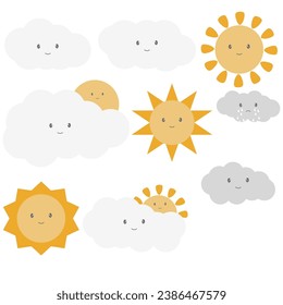 Set of Cute Sun and Clouds Emoji