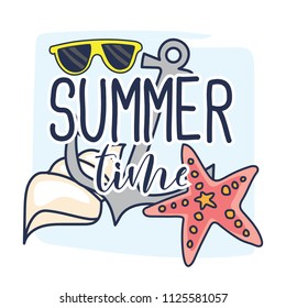 Set of cute sun glasses, anchor, sea shell and sea star. Fun summer holidays cards. Hello summer hand drawn style vector illustration