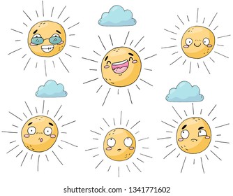 Set of cute sun on white background. Character and emotion in cartoon style. Hand draw elements in sketch style