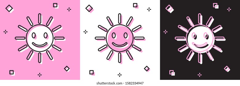 Set Cute sun with smile icon isolated on pink and white, black background. Funny smiling sun. Happy sunny smile.  Vector Illustration