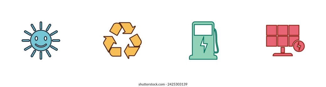 Set Lindo sol con sonrisa, símbolo de reciclaje, estación de carga de coche eléctrico e icono de panel de energía solar. Vector