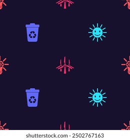 Set Cute sun with smile, Recycle bin recycle, Wind turbines and Light bulb gear on seamless pattern. Vector
