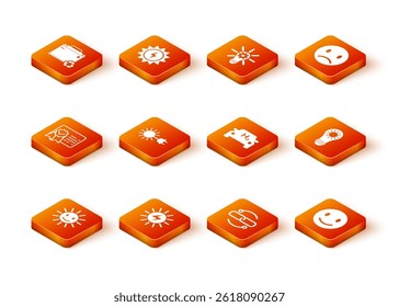 Set Cute sun with smile, Solar energy panel, Certificate template, Sun electric plug, Chain link line, Hydrogen car, Smile face and  icon. Vector