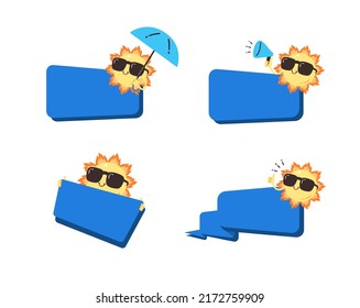 Set of cute sun wearing a sunglasses with blue blank space bubble flat vector illustration isolated on white background. Hello summer. Summer sales.