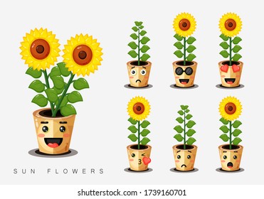 Set of Cute sunflowers in a pot