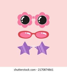 Set with cute sunglasses. Different shapes and styles - for parties or casual occasions. Lifestyle and fashion.
Hand drawn illustration in trendy colors. Isolated on pink background.