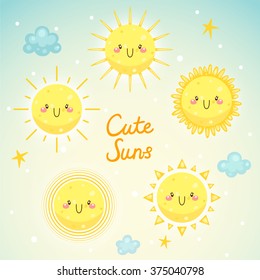 Set with cute Suns, sunny weather and happy day, children's illustration, vector.